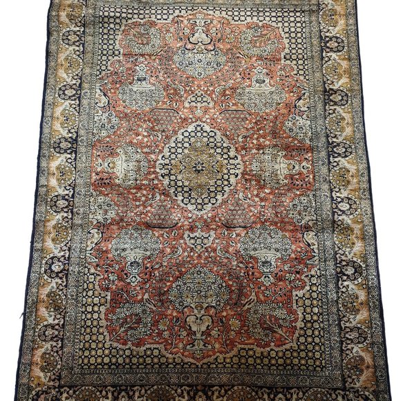 Rare 1945 Semi Antique Persian Qum 483 KPSI Red Khaki Black 5x3 100% Silk Rug - Picture 5 of 6